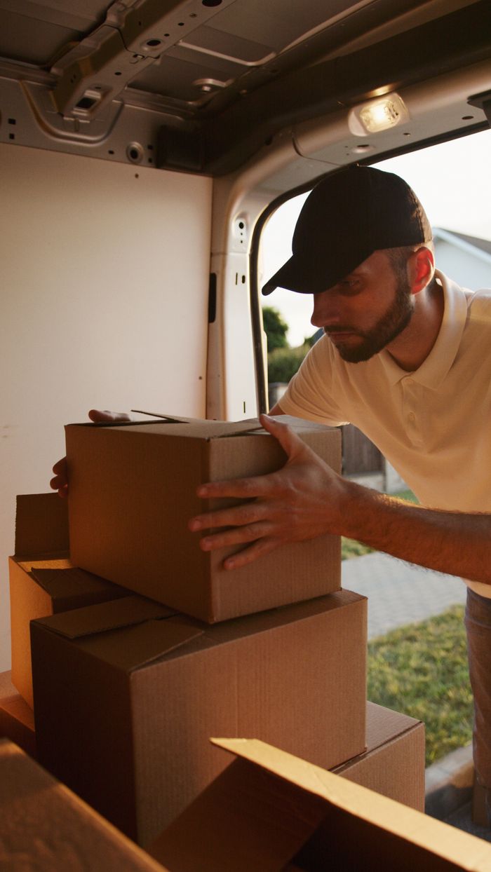 gallery-5 Male courier loads boxes into a delivery van during sunset, highlighting the logistics process.