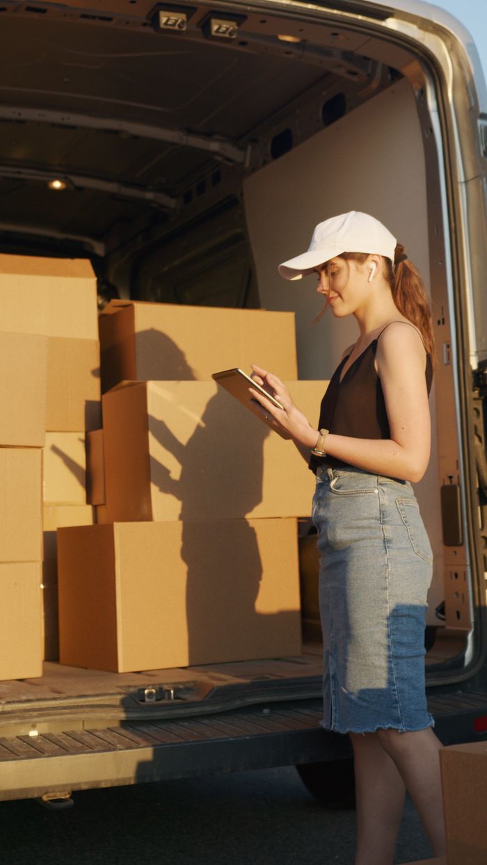 about-01 Young female courier organizing package delivery beside an open delivery van at sunset.